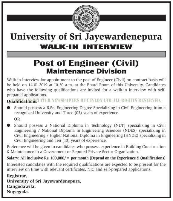 Engineer (Civil) - University of Sri Jayewardenepura